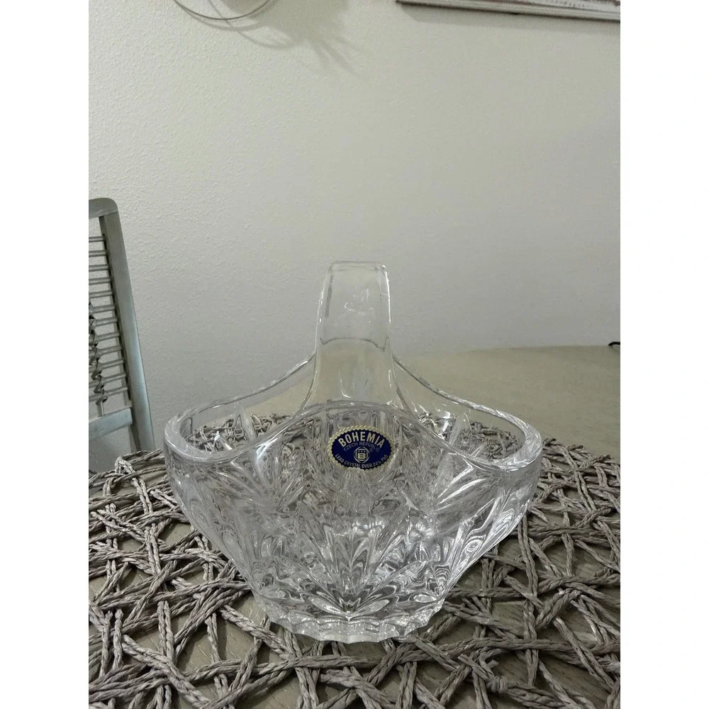 Vintage Bohemia Crystal Basket Hand Cut Glass Split Handle Made Czech Republic